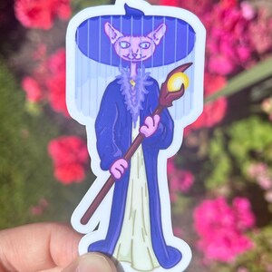 May include: A sticker featuring a cartoon cat dressed as a wizard. The cat wears a blue robe, a tall hat, and holds a staff with a glowing orb. The background is a blurred image of pink flowers.