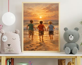 Sunset Beach Kids Oil Painting • Coastal Nursery Art