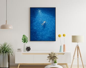 Blue Ocean Wall Art • Man Floating Print • Minimalist Sea Poster • Tranquil Green Coastal Art •