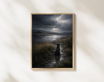 Vintage Black Labrador Pond Print — Rustic Dog Wall Art, Moody Cottagecore Digital Download