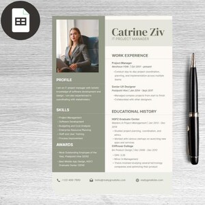 May include: A professional CV template featuring a photograph of a woman in a blazer. The CV includes sections for work experience, skills, and education. A black pen is on the right, and a document icon is in the upper left corner.