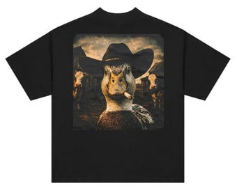 Cowboy Duck Graphic Tee, Vintage Western Animal Shirt, Meme Streetwear Apparel