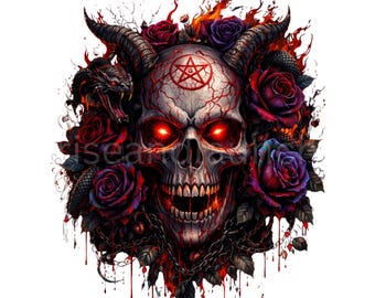 Gothic Demon Skull PNG – Tattoo Art with Roses