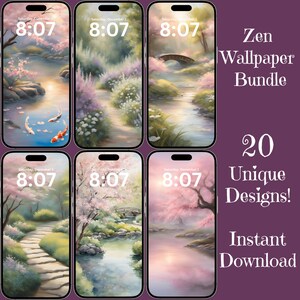 May include: A set of 20 unique Zen-themed phone wallpapers featuring a variety of scenes with a calming aesthetic. The wallpapers feature a flowing stream, a bridge, a path, and cherry blossoms. The text "Zen Wallpaper Bundle" and "20 Unique Designs!" is displayed on the image.