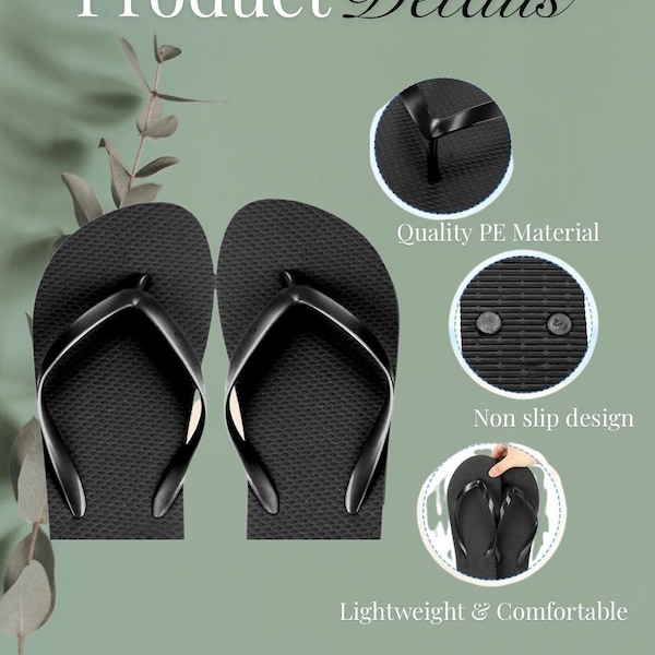 60 par flip-flops för bröllopsgäster (blandade storlekar) med band och etiketter, korg ingår också
