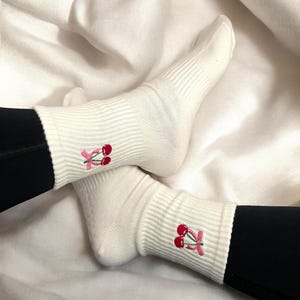 Cute Cherry Bow Embroidered Pilates Socks | Non-Slip Grip Soles for Pilates, Yoga, Barre | Teddy Bear Socks