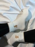 Embroidered White Teddy Bear Pilates Socks with Stripe: Non-Slip Grip, Barre Yoga