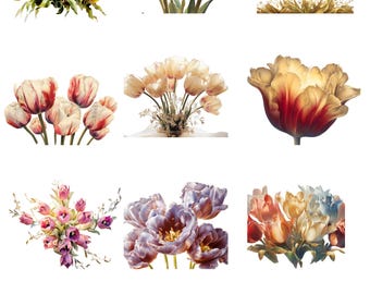 May include: A collection of watercolor-style tulip bouquets in various colors, including yellow, orange, red, pink, and purple. Some tulips have multiple colors, and some are single blooms. The flowers are arranged in different styles.