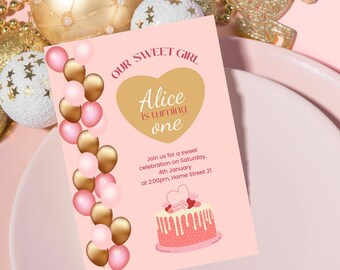 May include: A pink invitation card with the text "OUR SWEET GIRL" and "Alice is turning one." The card features a heart, balloons, and a cake illustration. The invitation is for a birthday celebration.