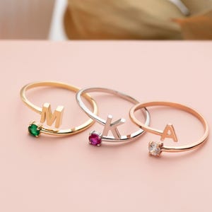 Initial and Birthstone Ring | 10K 14K 18K Solid Gold | Personalized Jewelry | Custom Letter Ring | Gift for Her | Dainty Gold Ring