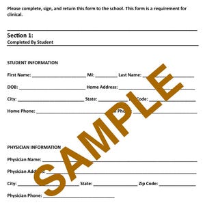 May include: A blank physical and medical history form for students. The form asks for student information, including first name, date of birth, city, state, home address, home phone, and last name. It also asks for physician information, including physician name, physician address, city, state, zip code, and physician phone.