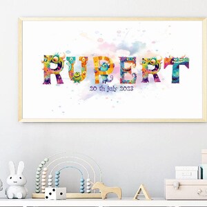 Póster personalizado con nombre y letra con temática de animales: arte de pared personalizado para guardería, arte de pared para niños