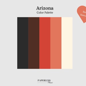 May include: A color palette with five colors: black, brown, red, orange, and cream. The palette is titled "Arizona Color Palette".