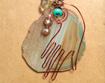 Agate Slice pendant necklace, natural stone pendant, charm necklace, Agate necklace, hand charm, necklace on leather,  green agate, Boho