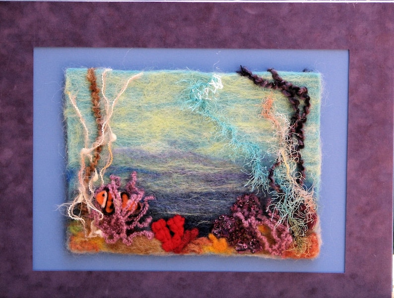 purple seaweed wool painting beach art ocean scene blue Under The Sea Needle Felted Painting With Clown Fish and Coral suede mat