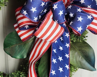 Large Patriotic Americana Flag Print Bow – Red White Blue Wreath Decor Independence day decoration