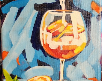Original Aperol Spritz Acrylic Painting, Bright Bar Decor