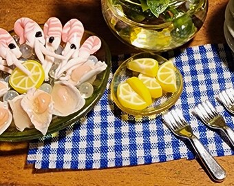 Miniature Seafood Platter with Prawns, Oysters, Lemons (1:12 Scale)