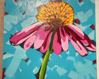 Coneflower Acrylic Painting, Fuchsia & Pink Floral on Wood Panel