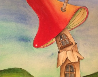 Mushroom House Watercolor Painting, Fairy Tale Art