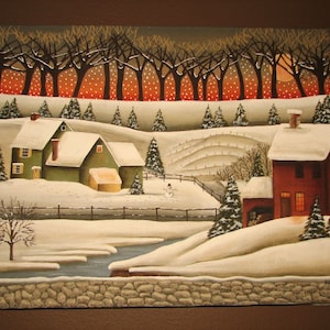 Evening Falls, Primitive style Painting of Serene winter's evening, snowy farm painting on canvas, red barn, farm house, snowman, snowy image 4