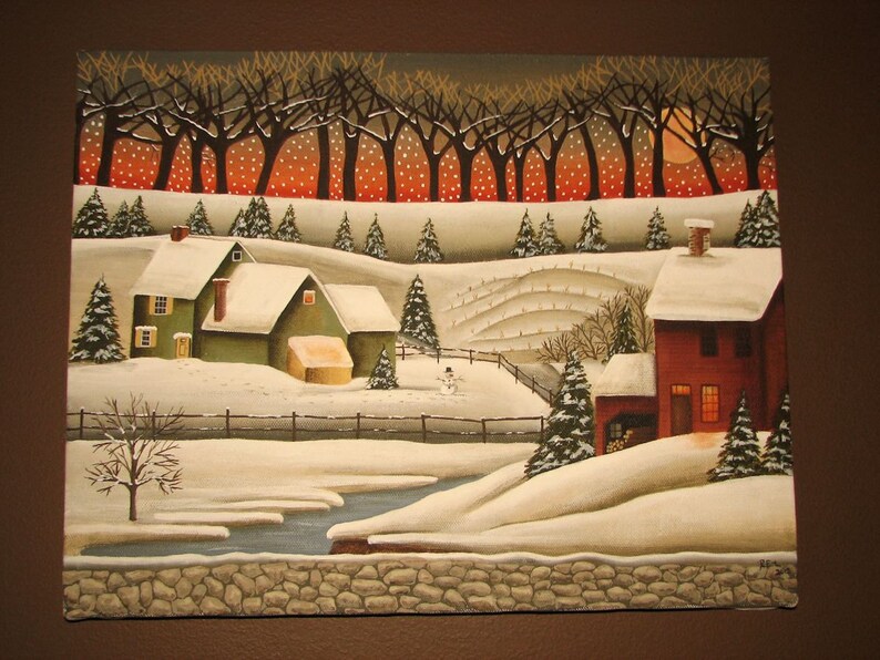 Evening Falls, Primitive style Painting of Serene winter's evening, snowy farm painting on canvas, red barn, farm house, snowman, snowy image 4