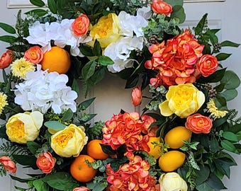 Large Citrus Wreath: Lemon, Orange, Hydrangea, Peony Door Decor
