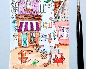 Whimsical Beach Bungalows Watercolor Painting, Crab Art Ocean Scene