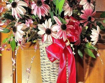 Pink and White Daisy Door Basket with Satin Bow – Faux Flower Wreath Home Decor