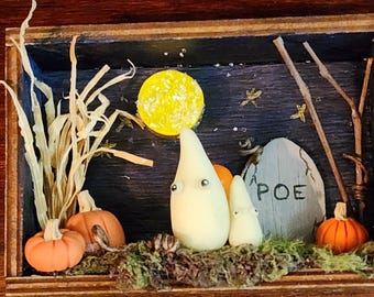 Halloween tiny shadow box glow in the dark ghosts tombstone poe full moon miniature spooky scene tiny ghosts cemetery graveyard pumpkins art