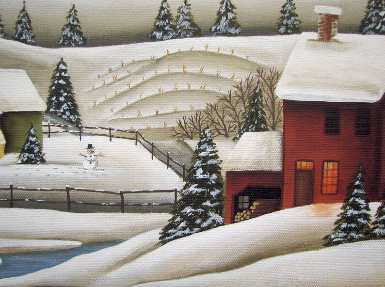 Evening Falls, Primitive style Painting of Serene winter's evening, snowy farm painting on canvas, red barn, farm house, snowman, snowy image 2