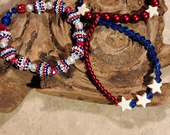Pre holiday sale! set of 3 Patriotic Bracelets: Red, White, Blue Sparkly Star Beads – 4th of July Jewelry