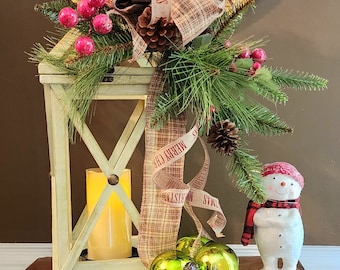 PRE Christmas sale, lantern, decorated lantern, pale green lantern, lantern swag, wooden lantern, tall lantern, year around lantern