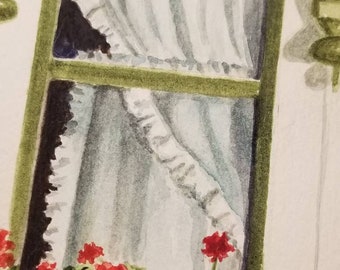 Original Watercolor Window Painting, Red Geraniums, White Curtains, 5x7.25"