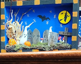 Halloween shadow box, graveyard ghosts  small wooden shadow box diorama, corn stalks, tombstones Halloween home decor miniature Witch moon