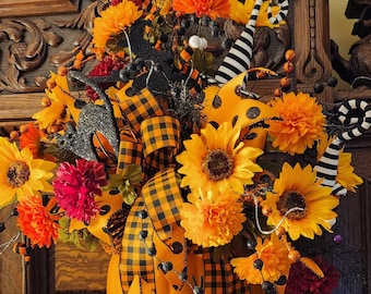 Pumpkin Halloween arrangement Witch black cat spider spooky decor centerpiece lg faux pumpkin blk orange white Halloween party Witch hats