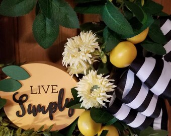 Lemon wreath, lemon sign, med wreath, kitchen wreath, summer decor, front door wreath, black and white bow, cottage core, lemons, sale