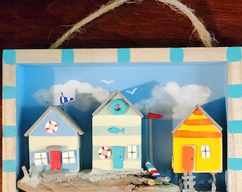 Diorama beach cabanas, shadow box beach scene, sand surfboard driftwood shelf sitter summer ocean small diorama Summer sale.