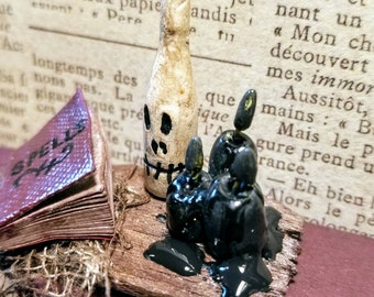 Halloween decor, black flame candles, spell book, miniatue Halloween, witch house, haunted  scary Halloween set, skeleton bottle, witch sale