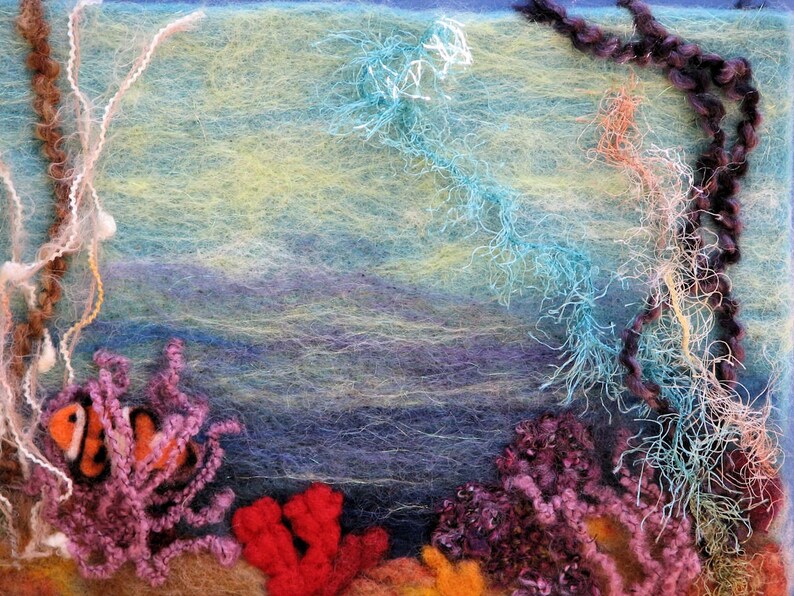 purple seaweed wool painting beach art ocean scene blue Under The Sea Needle Felted Painting With Clown Fish and Coral suede mat