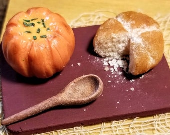Dollhouse Miniature Thanksgiving Pumpkin Soup, Bread, Spoon, Serving Board
