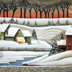 Evening Falls, Primitive style Painting of Serene winter's evening, snowy farm painting on canvas, red barn, farm house, snowman, snowy image 1