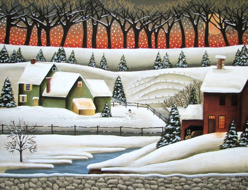 Evening Falls, Primitive style Painting of Serene winter's evening, snowy farm painting on canvas, red barn, farm house, snowman, snowy image 1