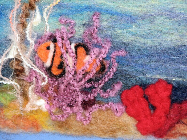 purple seaweed wool painting beach art ocean scene blue Under The Sea Needle Felted Painting With Clown Fish and Coral suede mat