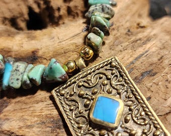 Turquoise Nugget Bracelet with Aged Brass Charm, Boho Native Style (7 inches)