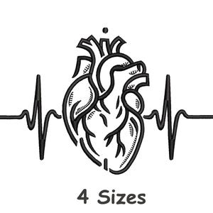 May include: Black line art illustration of a human heart with a heartbeat line on a white background. The text "4 Sizes" is below the heart and heartbeat graphic. This design is suitable for medical or anatomical themes.