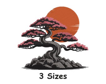 Bonsai Tree Embroidery Design: Japanese Floral Plant, Orange Moon (Instant Download)