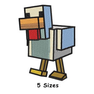 May include: An embroidered design of a pixelated chicken in shades of blue, gray, brown, and red. The design is in a blocky style, with the text "5 Sizes" below the image. This design is suitable for embroidery projects.