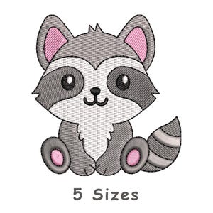 May include: A cute cartoon raccoon sitting with its legs crossed and a striped tail. The raccoon is gray with pink ears and a black nose.