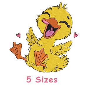 May include: A yellow cartoon duckling with orange feet and wings, laughing with its mouth open and pink hearts around it. The text "5 Sizes" is below the duckling.